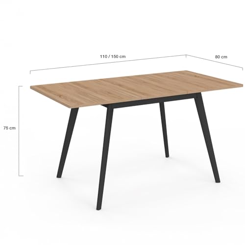 IDMarket - Skandinavischer ausziehbarer Tisch Rechteck INGA 4-8 Personen Holzplatte Schwarze Beine 110-150 cm
