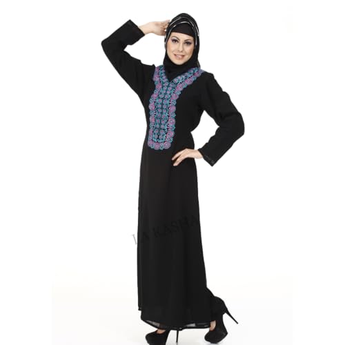 LA KASHA Abaya con un bordado floral intrincado y rico en la parte delantera con colores vivos en georgette (4XL), Como se muestra en la imagen, 4XL