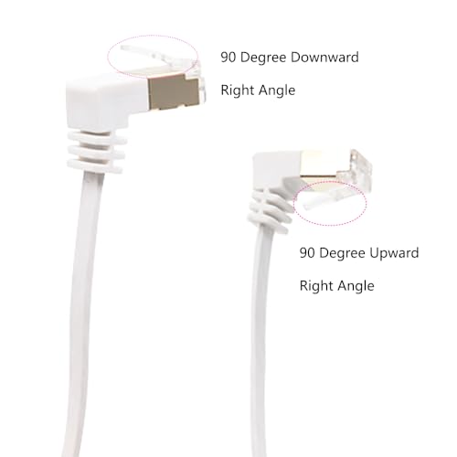 Cat6 Ethernet Cable 90 Degree Downward Right Angle, Flat CAT6 Gigabit Internet Network LAN Patch ​Cords- for PC,Router,Modem 32AWG FTP Cat6 Network Cable White (UP Angle, 10FT)