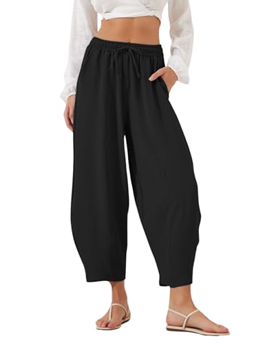 Lviefent Women Wide Leg Capri Pants Casual Elastic Waist Cropped Beach Palazzo Barrel Pants with Pockets