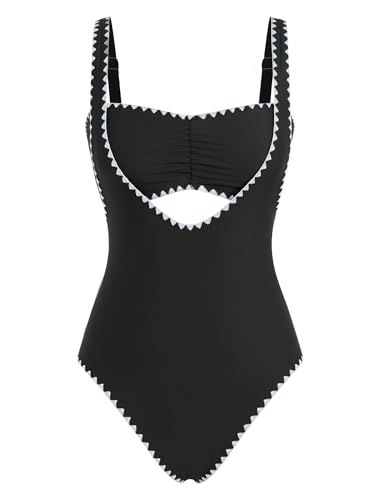 Image of ZAFUL Bikini Sets for Women Color Block Ruched Bandeau Bikini V Neck Tummy Control Swimsuit Romper 2 Piece Bathing Suit