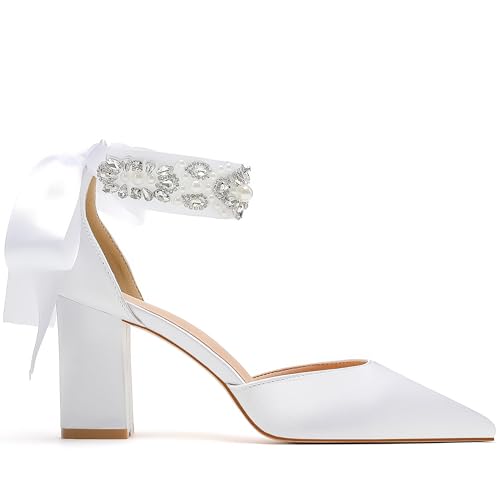 Bridal Wedding Shoes, Closed Toe Pointed Toe White Heels, Women's Chunky Heels with Bow and Crystal Pearl Ankle Strap3