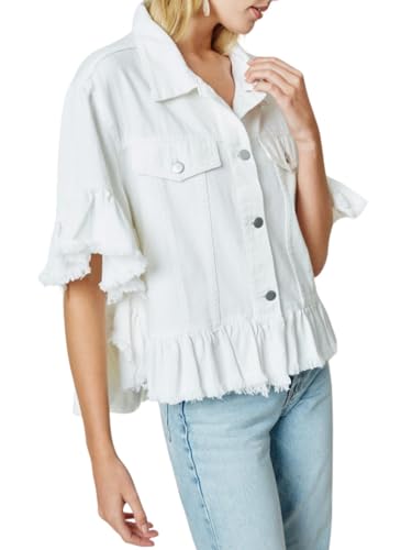 Womens Short Ruffle Trim Sleeves Washed Denim Jacket Button Down Jean Jacket with Ruffle Hem