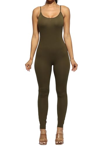 BOGOMORE Sleeveless Bodycon Jumpsuit Skinny Fit Hug Curves Adjustable Strap Stretchy Squat Proof Workout Gym KJ5330A Olive Medium