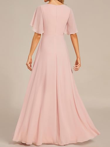 Image of Ever-Pretty Women's Spring Short Sleeve Bridesmaid Dresses V-Neck Chiffon Ruched Empire Waist Appliques Long Formal Dress