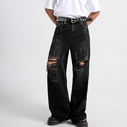 COOLMONAR Men's Baggy Jeans Ripped Black Wide Leg Distressed Destroyed Jean Denim Pants3