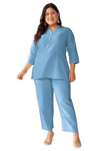 Image of Janasya Women's Light Blue Linen Cotton Solid A-line Top