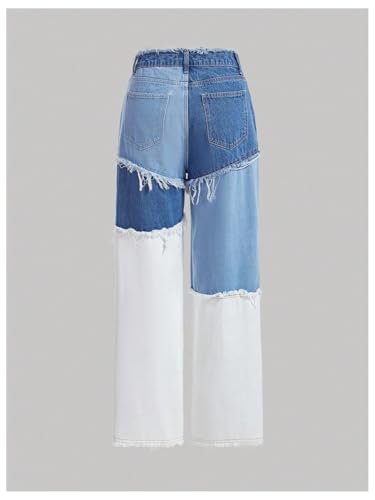 WDIRARA Women's Color Block Patchwork Jeans Raw Trim Zipper Fly Straight Leg Denim Pants2