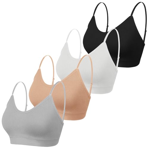 KCDDUMK 4 Pieces Cami Bras - Women's V-Neck Padded Seamless Straps Bralette Everyday Basic Sleeping Bra