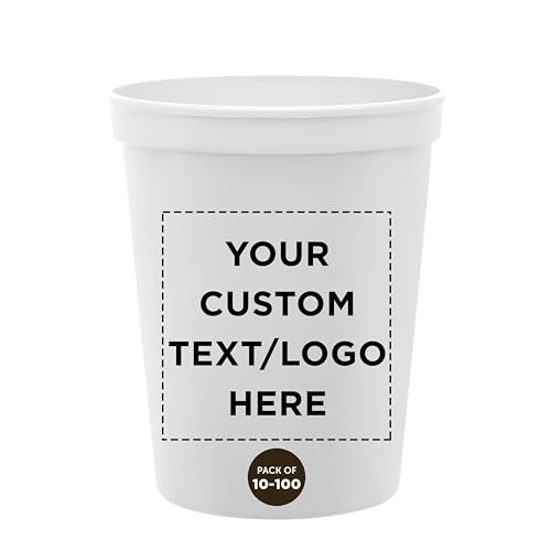 DISCOUNT PROMOS Custom Plastic Stadium Cups 16 oz Set of 10/50/100, Personalized Bulk Pack, Reusable Plastic Drinkware - White
