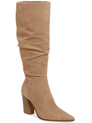 PiePieBuy Womens Faux Suede Knee High Boots Pointed Toe High Chunky Heel Side Zipper Party Dress Booties, Khaki, Size 7.5