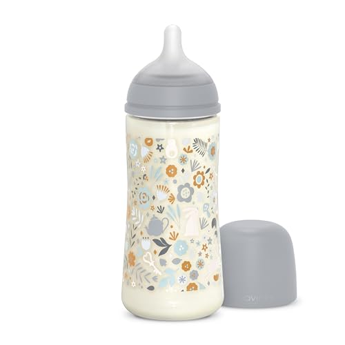 Suavinex, Biberón de 360 ml. con Tetina Fisiológica SX Pro de Silicona, con válvula Anticólico. Tetina de Flujo Denso (L). Para Bebés +6 Meses. Wonderland, Flores, Azul