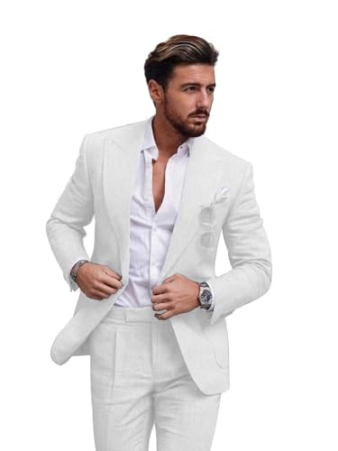 Men's Linen 2 Piece Suit Slim Fit Summer Beach Wedding Suit Groomsman Prom Tuxedo Blazer Pants Set