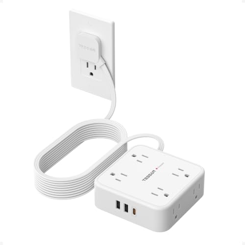 TESSAN Surge Protector Power Strip, 15 Ft Flat Plug Extension Cord with 3 USB (1 USB C 20W PD) 8 Outlets, 1250W, 900J Protection, 3 Sided Outlet Extender with Power Switch for Office, Dorm R
