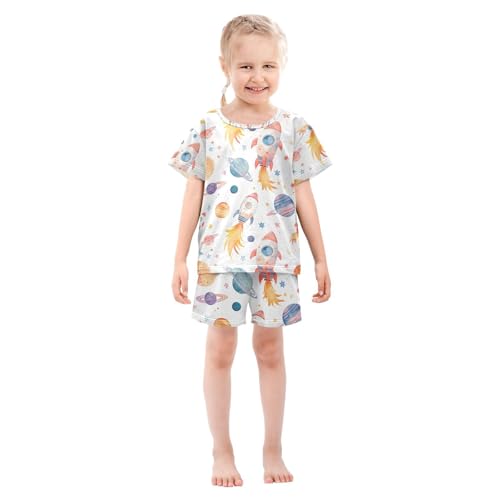 ALAZA Outer Space Solar System Planet Watercolor Pajamas Set Short Sleeve Cotton Sleepwear Summer Pjs 2 Piece 5-14Y3