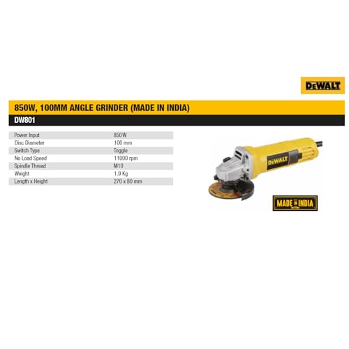 Image of DEWALT DW801-IN, 850W, 4'' (100mm) Heavy Duty Angle Grinder Engineered For Heavy Duty Applications with Spindle Lock and Toggle switch, 2 Year Warranty (SIDE HANDLE INCLUDED)