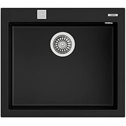 Fregadero Teka Cristal Negro Teka ForSquare 50.40 TG - Fregadero de Granito de 60 cm, 1 Cubeta, Encastrado, Superficie de Alta Resistencia, Desagüe Automático, Acabado No Poroso, Color Negro