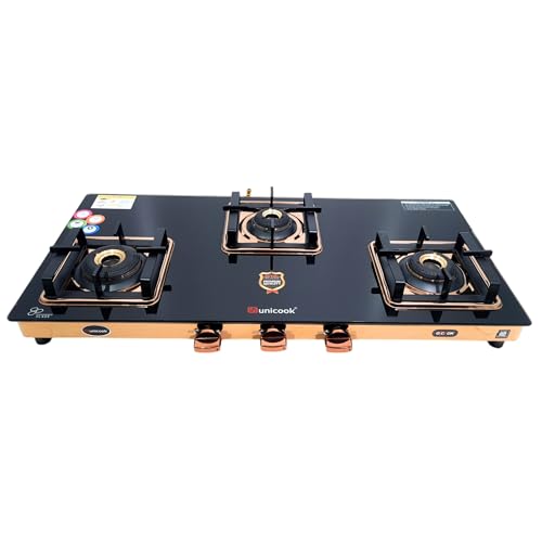 Image of Unicook Coral Cuba Auto Ignition 3 Burner Gas Stove | ISI Certified Cooktop | Glass Gas Stove | LPG Compatible | Forged Brass Burner | 2 Years Manufacturer Warranty