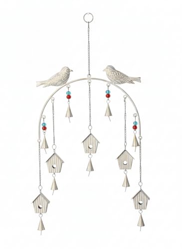 Image of DULI Metal Windchime Wall Hanging, Feng Shui, Wall Art, Wall Decor, PositiveVibes, Rustic Wall Hangings, Wall Art, Diwali Decor, Home Decor, Positive Vibes (MetalBirdhouse-Rustic White)