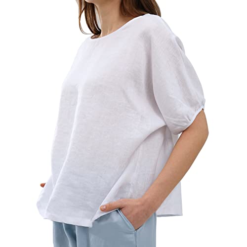 Amazhiyu Women's 100% Linen 3/4 Sleeve Shirts Crew Neck Blouse Tops Loose Fit(White,Small) #TOP2
