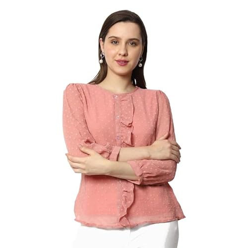Image of PRETTIFY Women's Regular Fit Solid Embroidery Georgette Waist Length, 3 /4 Sheer Sleeve, Round Neck Casual Wear Western Shirt Top for College /Office Girls