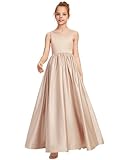 Kismissal Junior Bridesmaid Dress, Flower Girl Dresses, Formal Dress for Teen Girls Bow A-line V-Neck Floor-Length Satin
