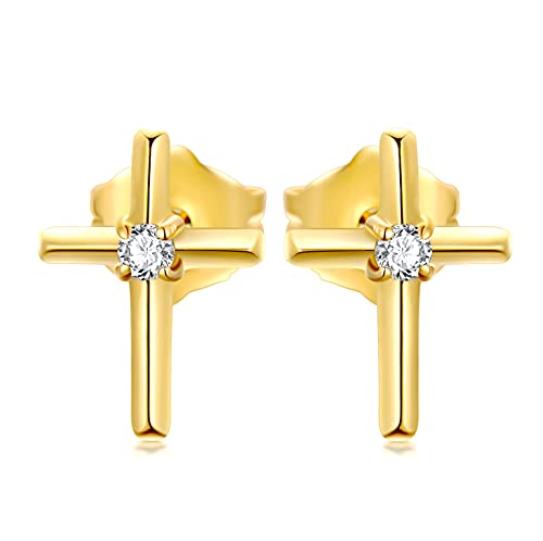 14k Gold Small Cross Stud Earrings for Women, Real 14 Carat Gold Religious Jewelry Confirmation Gifts for Teens Girls, Present for Her