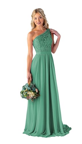 Image of LANGKAAO Women's One Shoulder Bridesmaid Dresses Long for Wedding with Pockets Lace Bodice A-Line Chiffon Formal Party Gown