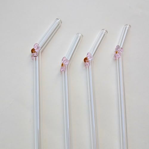 Image of THE Empty Space Set of 4 Reusable Glass Straws,Pink Cute with Gift Packaging for Smoothies, Milkshakes, Juices, Teas, Perfect for Parties & Gifts | 7 inch Height 4 PCs (Pink Flower)