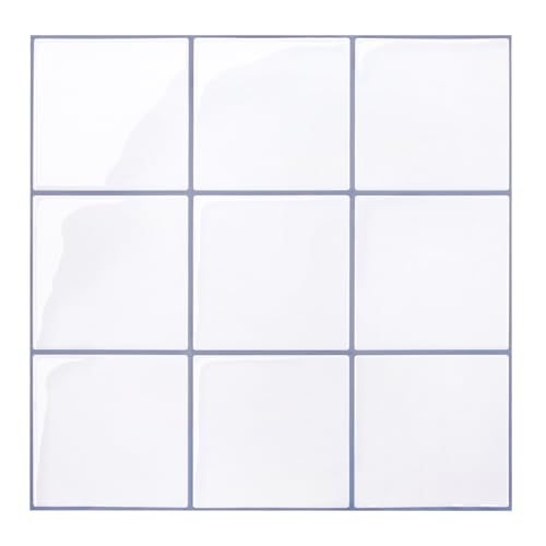 COMSTICKC Upgraded Thicker White Peel and Stick Backsplash Tile, 10 Pcs of 12'' x 12'', 3D Square Peel and Stick Tile Stickers Vinyl Backsplash Kitchen Bathroom Waterproof Renter Friendly