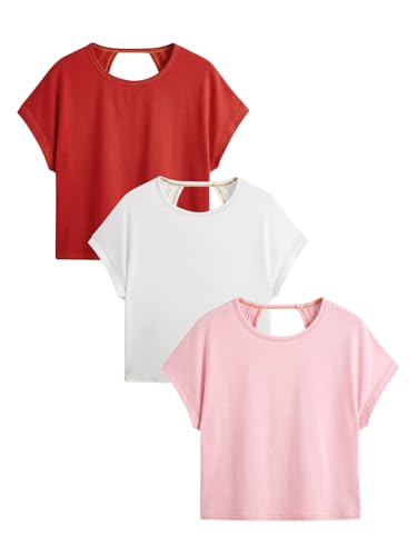 Image of RoseSeek Women's 3 Packs Open Back Tops T Shirt Criss Cross Cut Out Tee Short Sleeve Crewneck Summer Backless Tops