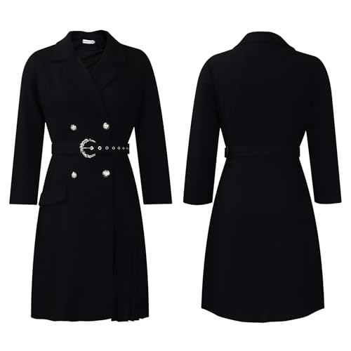 Women's Lapel Neck Double Breasted Blazer Dress Business Elegant 3/4 Sleeve Pleated Midi Dress with Belt3