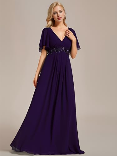 Image of Ever-Pretty Women's Spring Short Sleeve Bridesmaid Dresses V-Neck Chiffon Ruched Empire Waist Appliques Long Formal Dress