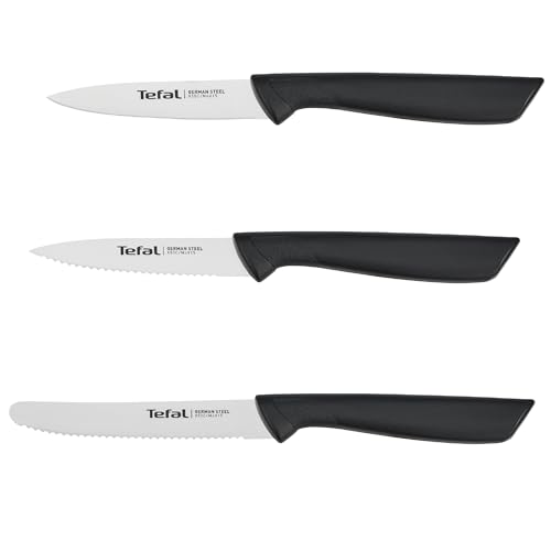 Tefal K2733S Colorfood Messerset 3-teilig | Universalmesser (10 cm)/Schälmesser (8 cm) gezahnt, Schälmesser (8 cm) glatt | deutscher Edelstahl | korrosionsbeständig | ergonomisch | sicher | Schwarz