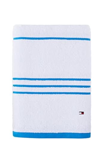 Image of Tommy Hilfiger Modern American Stripe Bath Towel, 30 X 54 Inches, 100% Cotton 574 GSM (White /Swedish Blue)