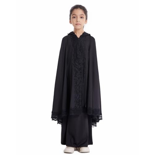 Image of Kids Girls Abaya Muslim Full Cover Lace Hijab Dress Kaftan Dubai Islamic Prayer Dress, 2pcs Set