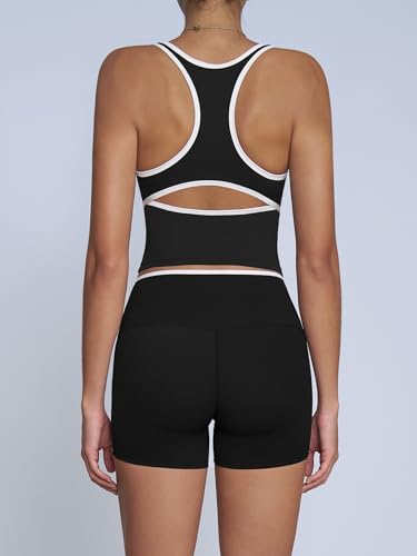 ABOCIW Workout Sets for Women 2 Piece Color Block V Neck Racerback Tank Top Built in Bra High Waist Shorts2