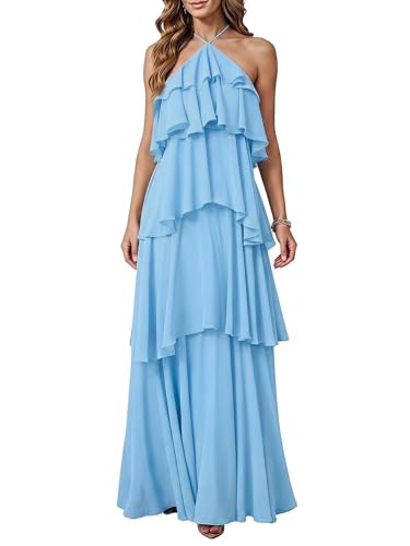 SOLY HUX Womens Wedding Guest Dress Sundresses Ruffle Layered Halter Backless Flowy Formal Maxi Dresses Solid Blue Medium