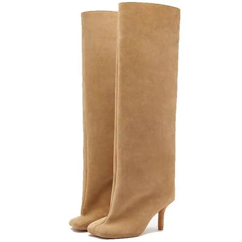 vimitty Women's Knee High Boots for Women Fashion Wide Calf Square Toe Kitten Pull On Slouchy Long Booties