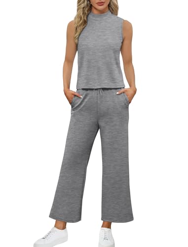 Image of SAMPEEL Two Piece Sets for Women Summer Outfits Lounge Sets Mock Neck Tops Wide Leg Crop Pants Vacation Travel Outfits