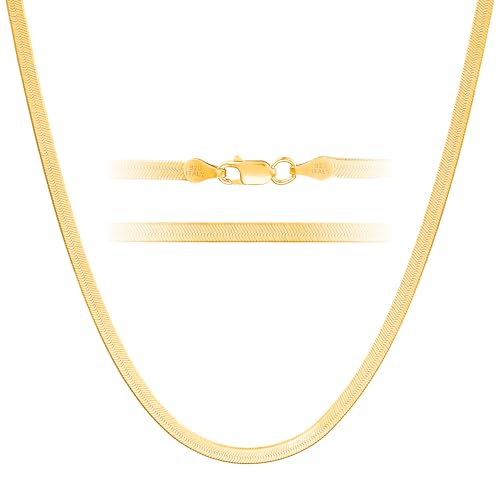 KISPER Solid 925 Sterling Silver 24k Gold Plated Herringbone Necklace for Women & Men, Italian Diamond-Cut 3mm Snake Chain Necklace, Made in Italy, 16-30 Inches