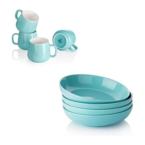 Teocera 35oz Pasta Bowls set of 4 and 12oz coffee mugs set of 4, Turquoise Cover