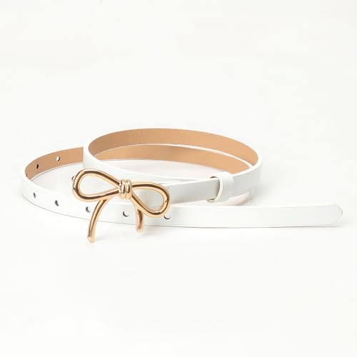 Bow Skinny PU Leather Waist Belt for Women Adjustable 0.5 Inch Width White Belts with Gold Alloy Bowknot Buckle Thin Elegantes Slim Leather Waist Strap Band for Ladies Dresses Jeans Pants3