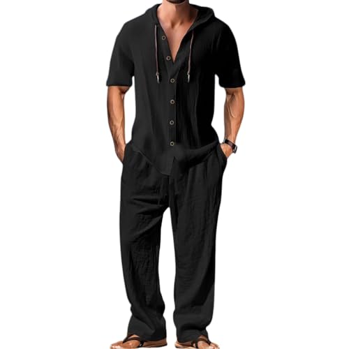 Oanviso Hombre 2 Piezas de Algodón y Lino Mangas Corta Camisa T Shirt Camiseta + Pantalones Completo Casual Traje Deportivos Conjuntos Primavera Verano A Negro 3XL