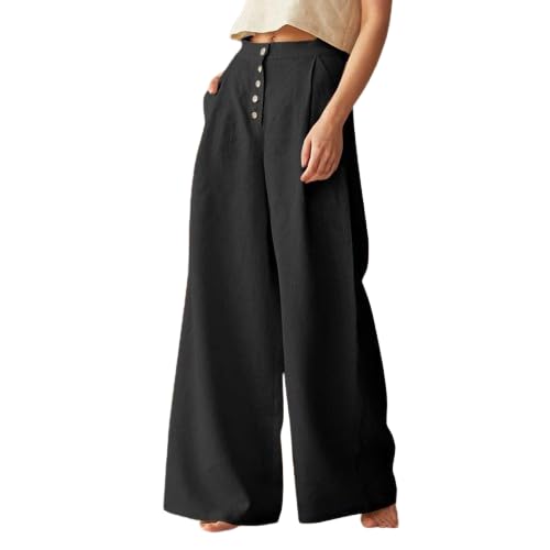 Womens Linen Wide Leg Pants 2024 Business Casual High Waist Lounge Button Palazzo Pants Dressy with Pockets Plus