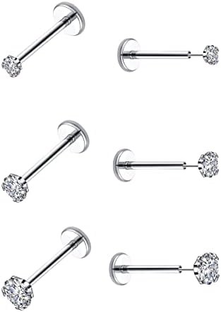 ENVYOU Small Gold Huggie Hoop Earrings Sets for Multiple Piercing, 20G Flat Back Threadless Earrings for Cartilage Helix Hypoallergenic (E: Silver 20G 6/8mm CZ Studs)