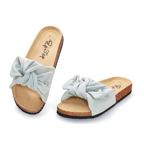 Image of PepStep Slide Sandals for Women or Ladies Dressy Summer Casual, Cute Bow Tie Knot On Top Strap, Comfy Slip On Cork Foot Bed