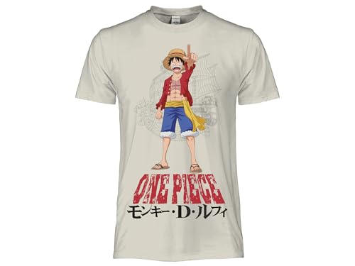 One Piece T Shirt Monkey D. Luffy. T-shirt officiel unisexe, maillot régulier en coton, adulte garçon, beige, Medium