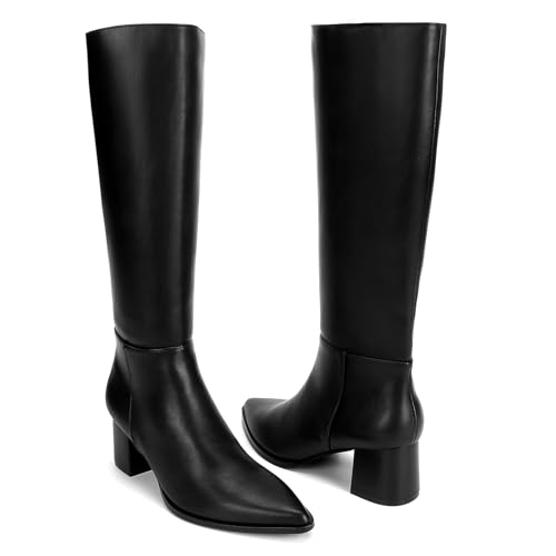 Knee High Boots for Women Faux Leather Pointed Toe Chunky Mid Heeled Boots with Side Zip3