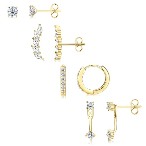 925 Sterling Silver Earrings for Women Trendy - 14K Gold Plated Earrings Set for Multiple Piercing Hypoallergenic Earrings Stacks for Sensitive Ears Dainty Gold Cartilage Earring Studs Pack Small Tragus Helix Cartilage Piercing Jewelry